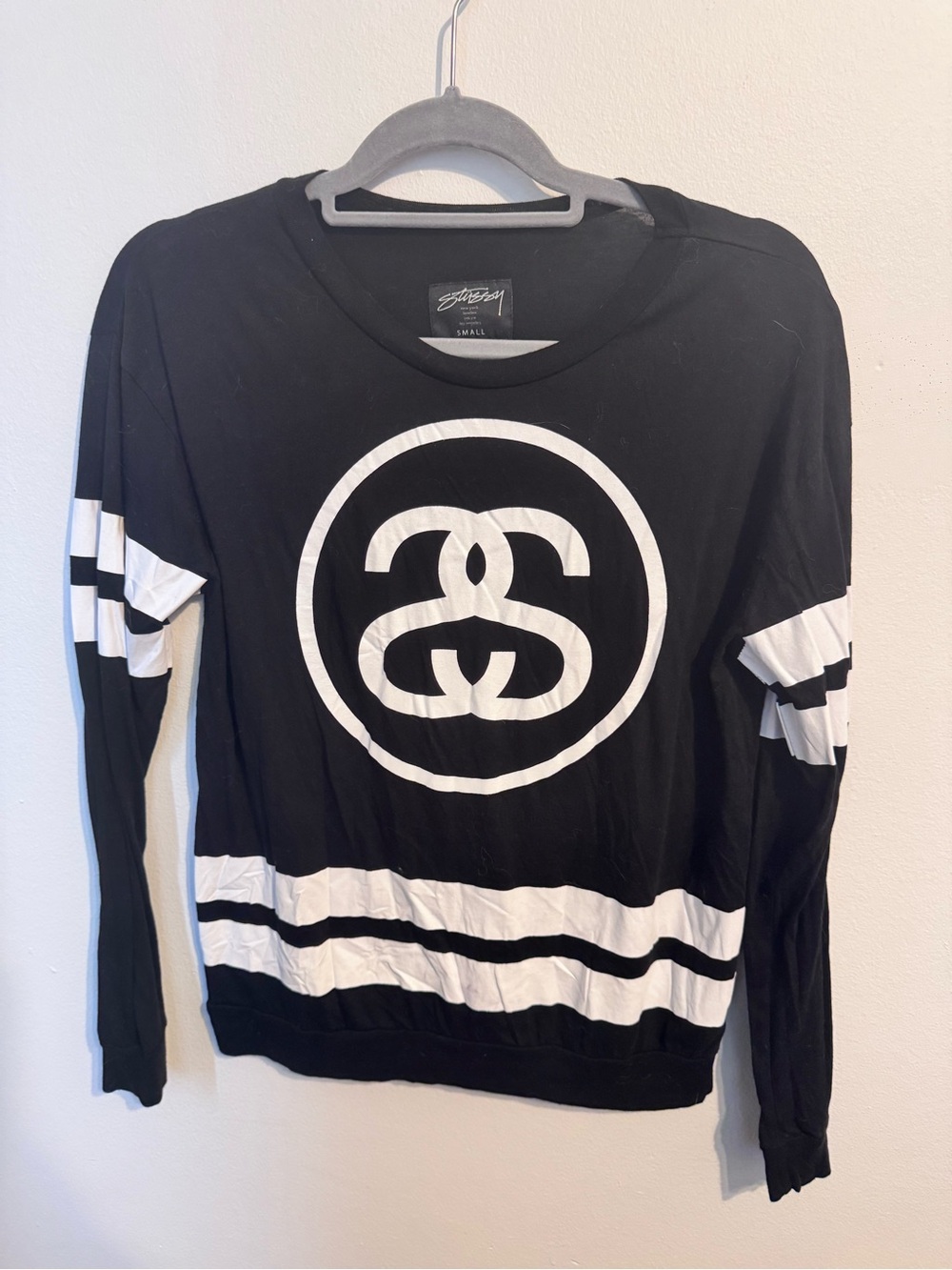 Stüssy Black & White Double S Logo Graphic Long Sleeve Jersey Top Sz S